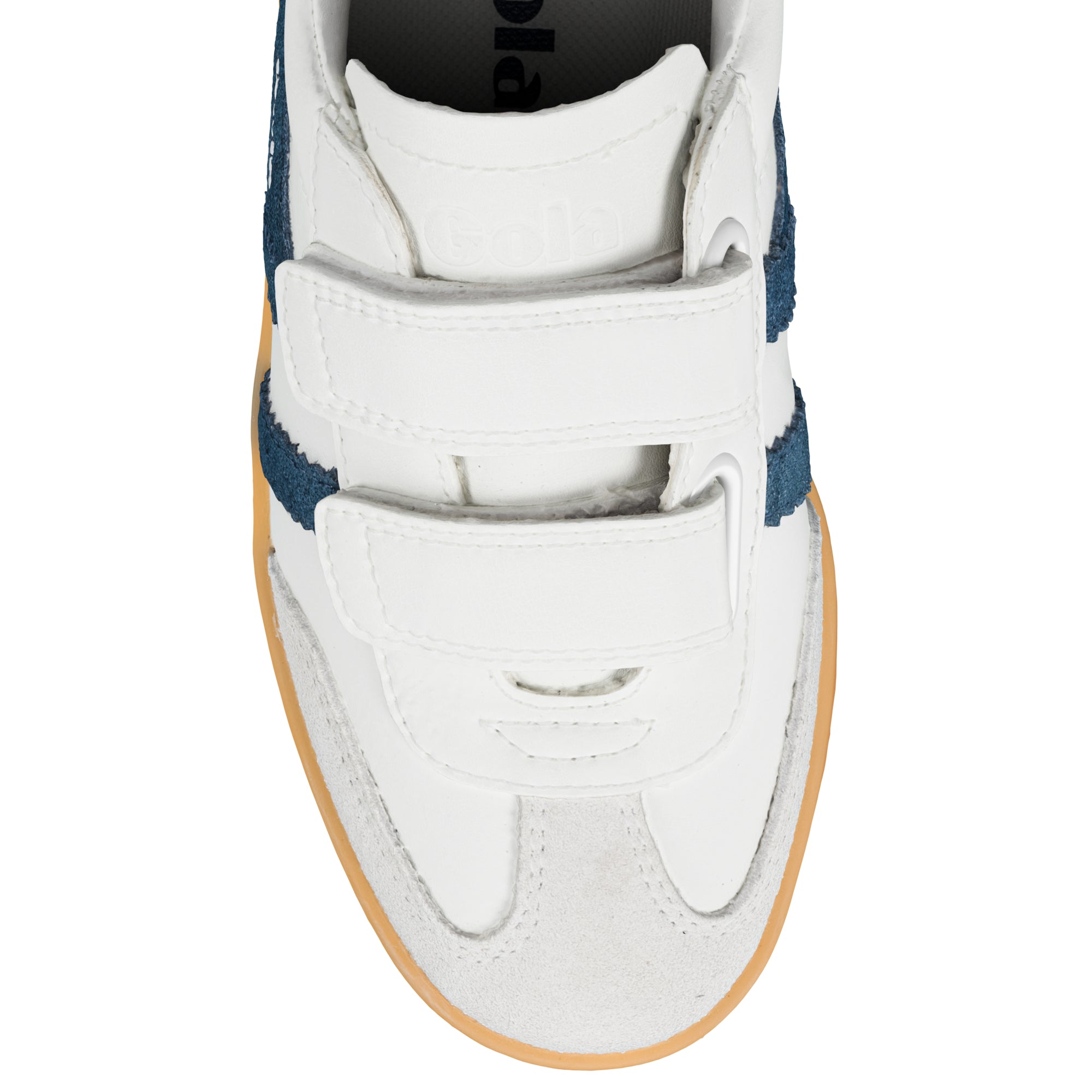 White Gola trainer with blue side stripes and hook and loop fastening