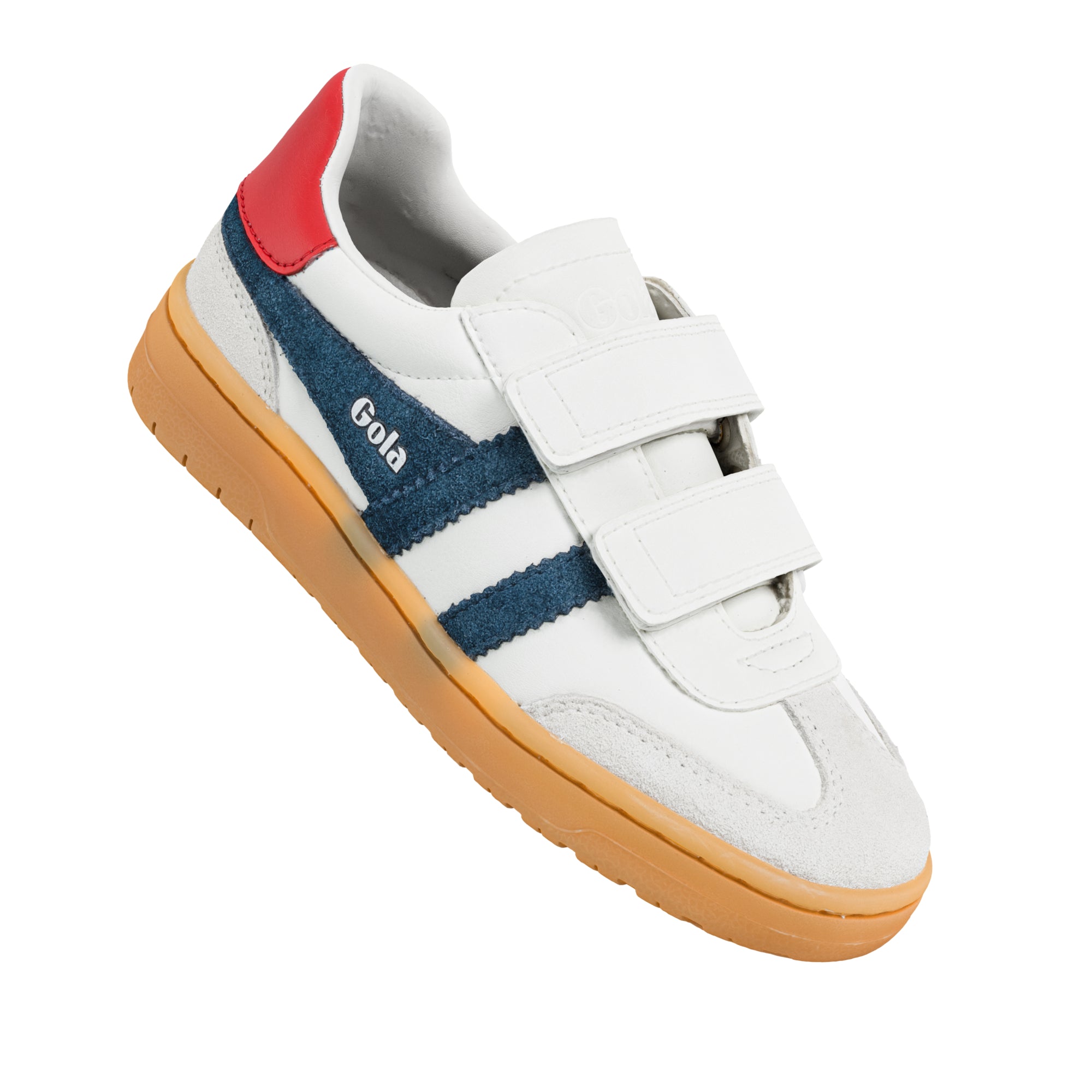 White Gola trainer with blue side stripes red heel tab and gum sole with hook and loop fastening