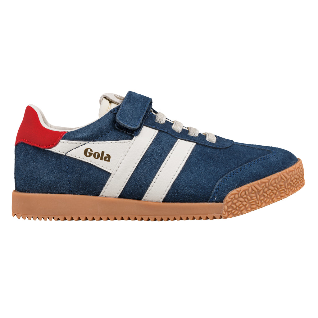 Navy blue suede trainer with white side stripes red heel tab and gum rubber sole