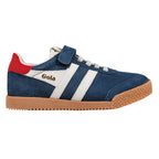 Navy blue suede trainer with white side stripes red heel tab and gum rubber sole