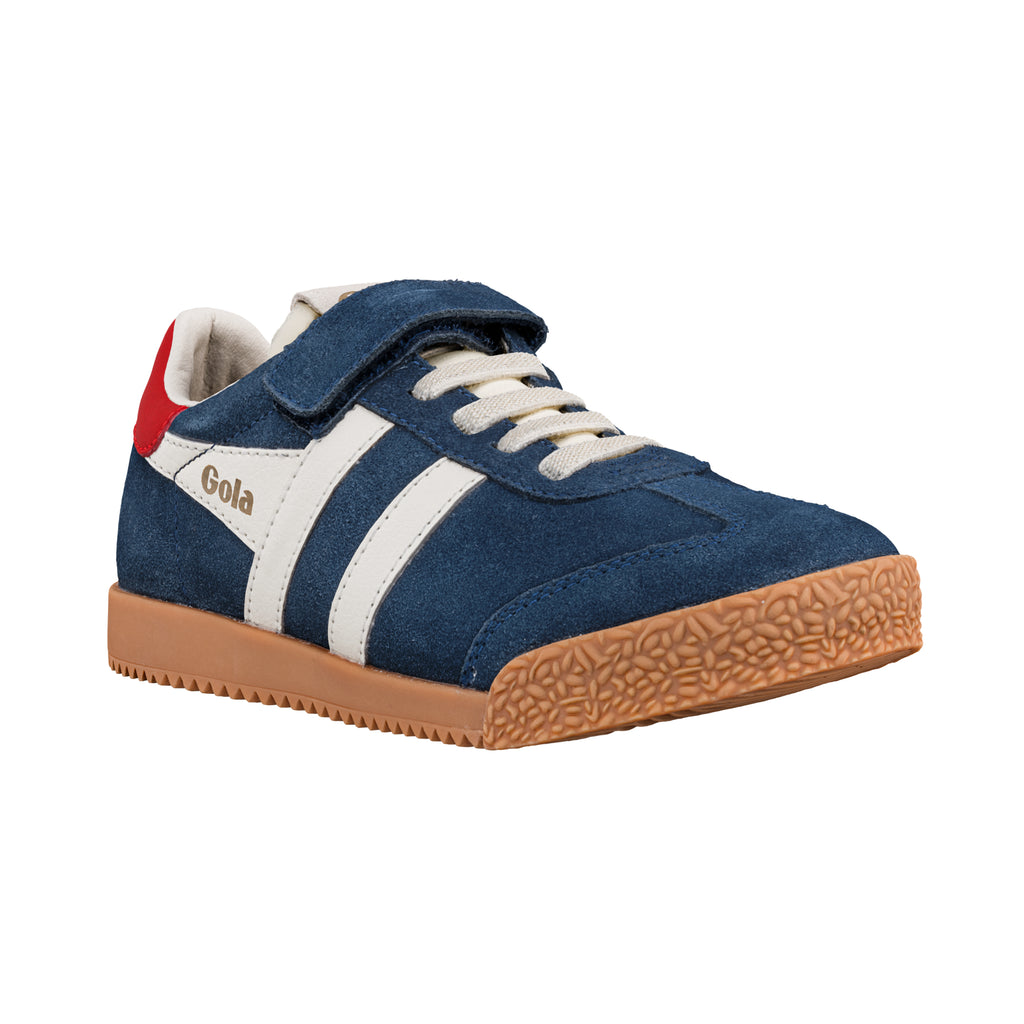 Navy blue suede Gola trainer with white side stripes and gum rubber sole
