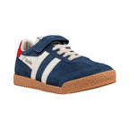 Navy blue suede Gola trainer with white side stripes and gum rubber sole
