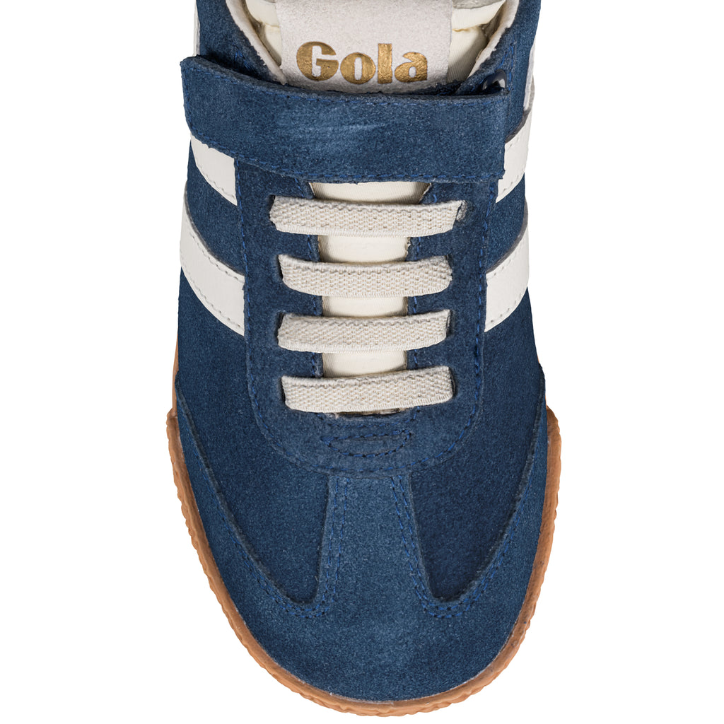 Blue suede Gola trainer with white stripes and gum sole