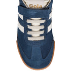 Blue suede Gola trainer with white stripes and gum sole