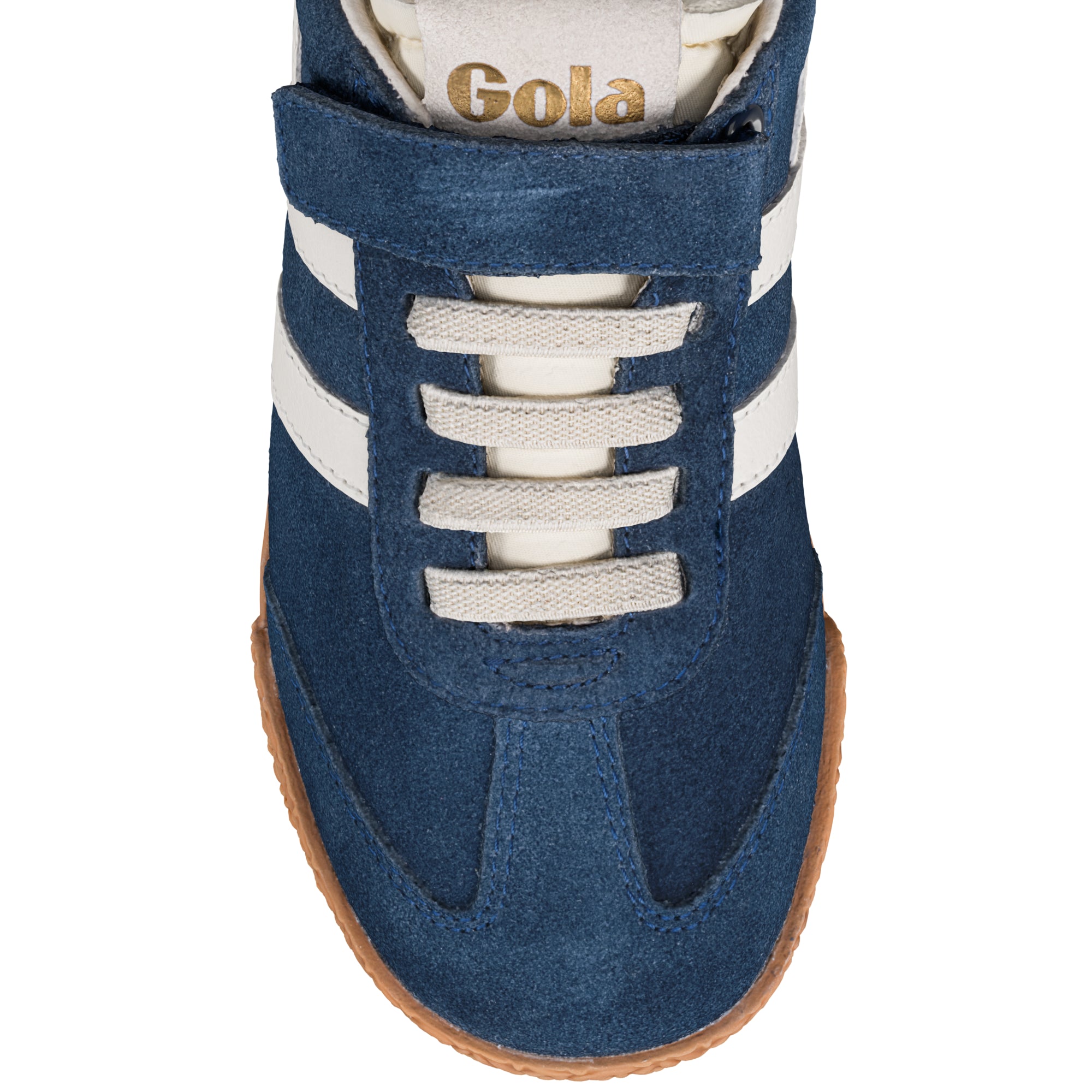 Blue suede Gola trainer with white stripes and gum sole