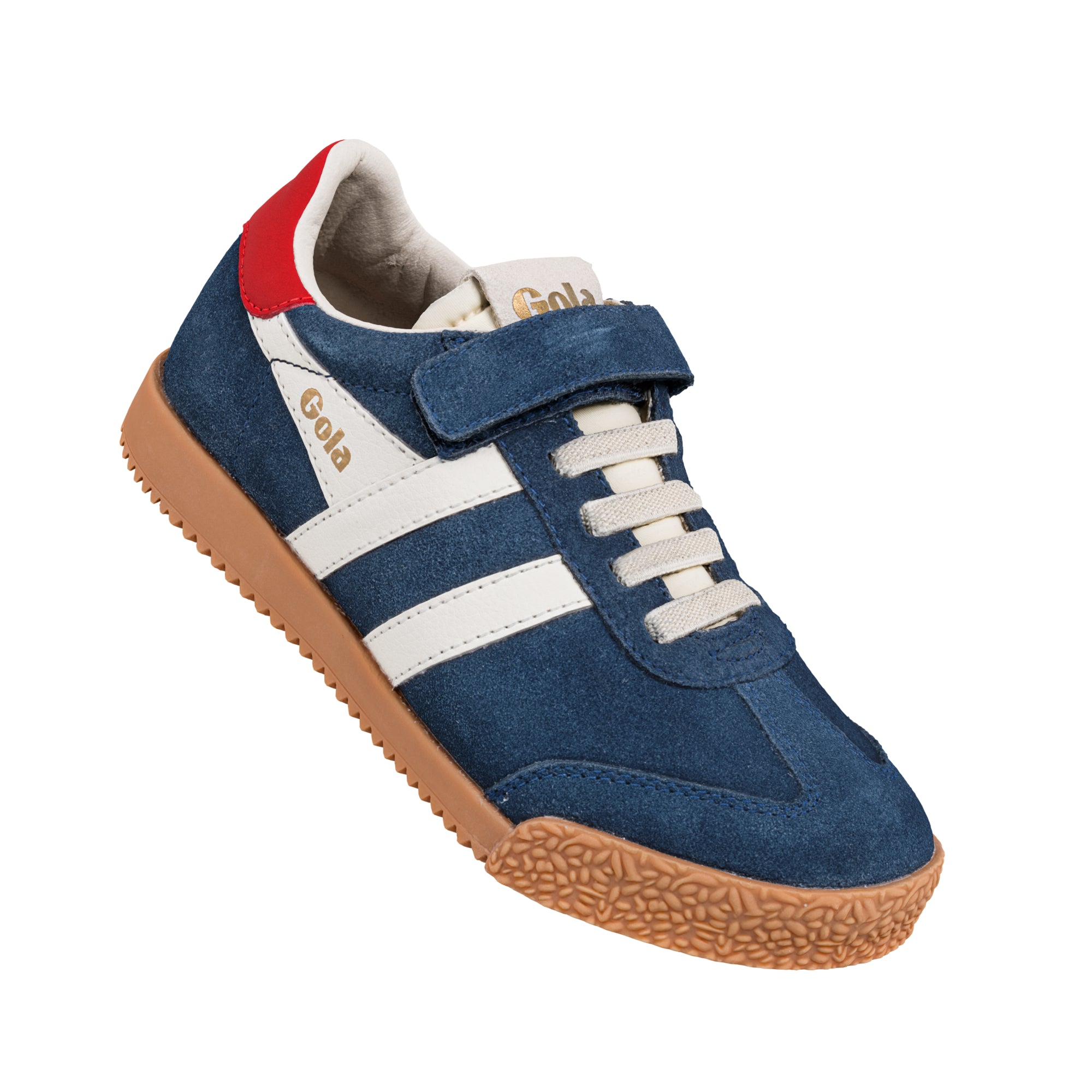 Navy blue suede Gola trainer with white stripes red heel tab and gum sole
