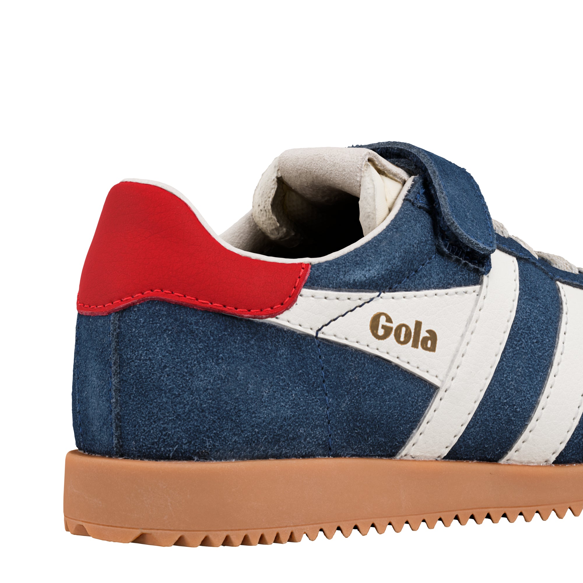 Close up of blue suede Gola trainer with red heel tab and gum sole
