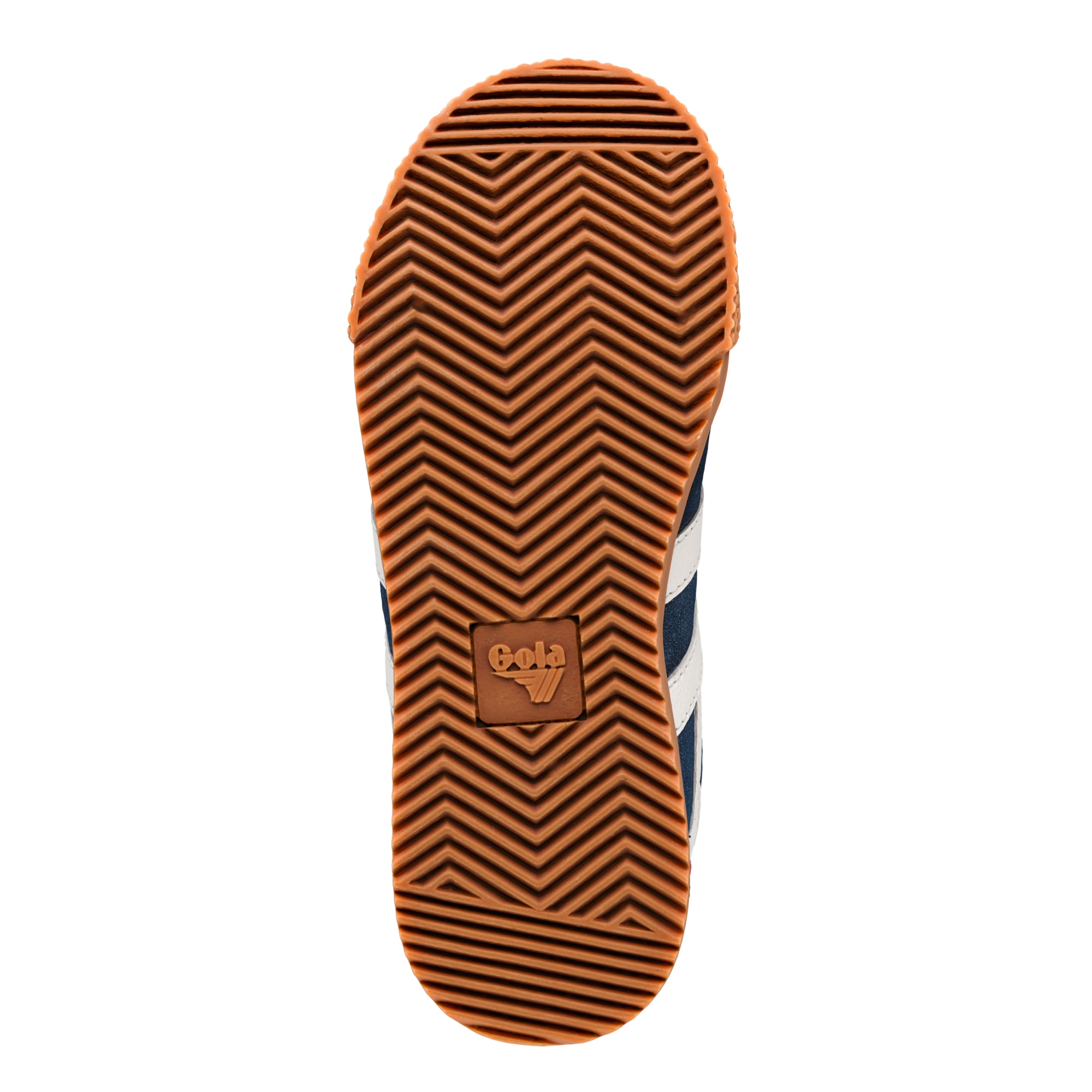 Brown rubber trainer sole with chevron tread pattern and Gola logo