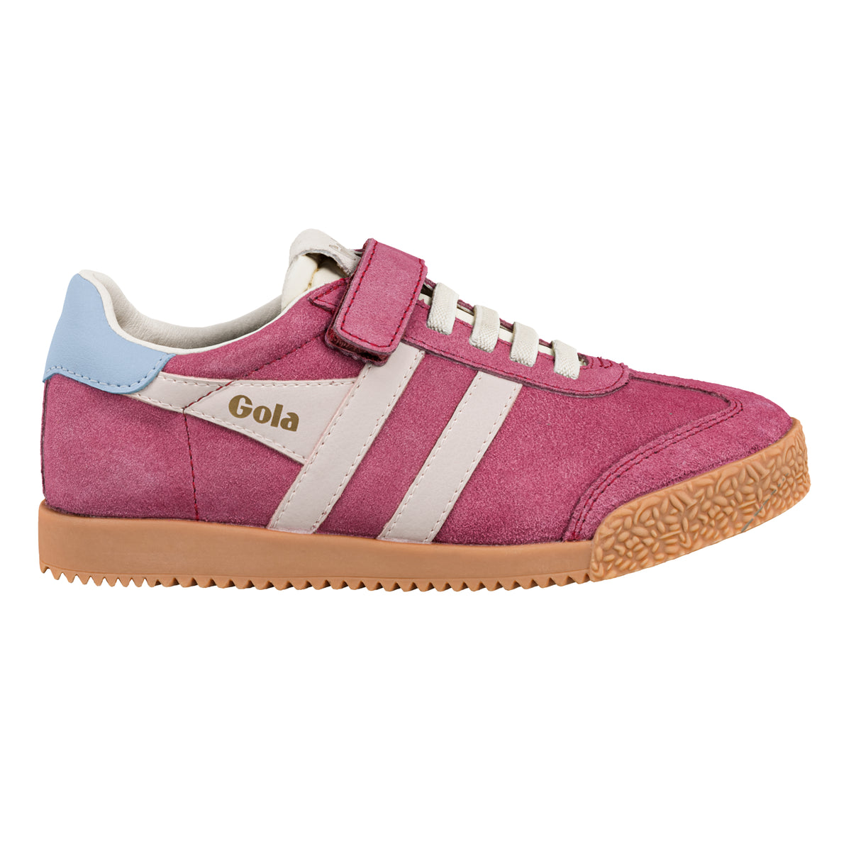 Gola Classics pink suede trainer with hook and loop fastening and gum sole