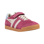 Pink suede Gola trainer with white laces and a gum sole