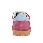 Rear view of a pink suede trainer with a light blue heel tab and a gum rubber sole