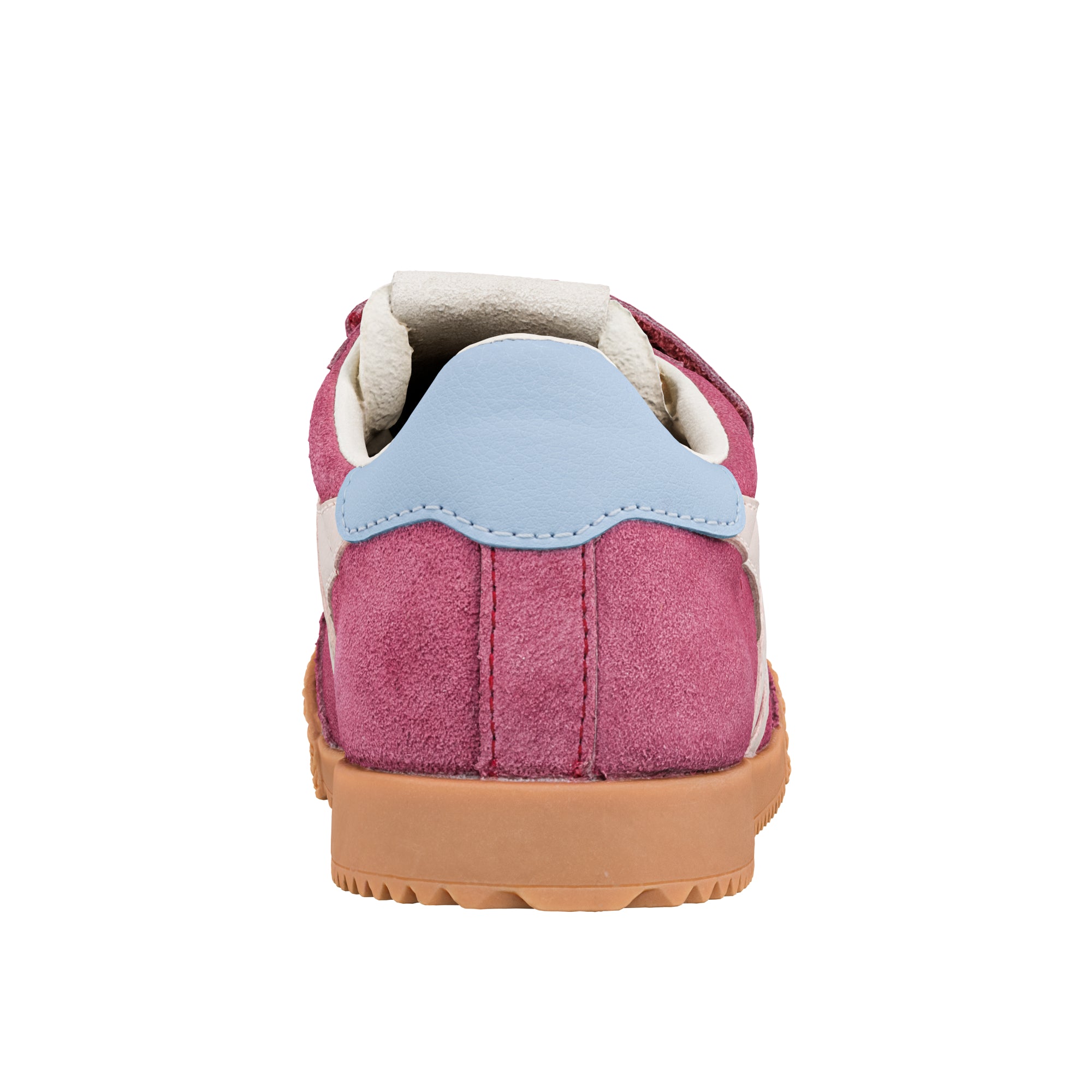 Rear view of a pink suede trainer with a light blue heel tab and a gum rubber sole