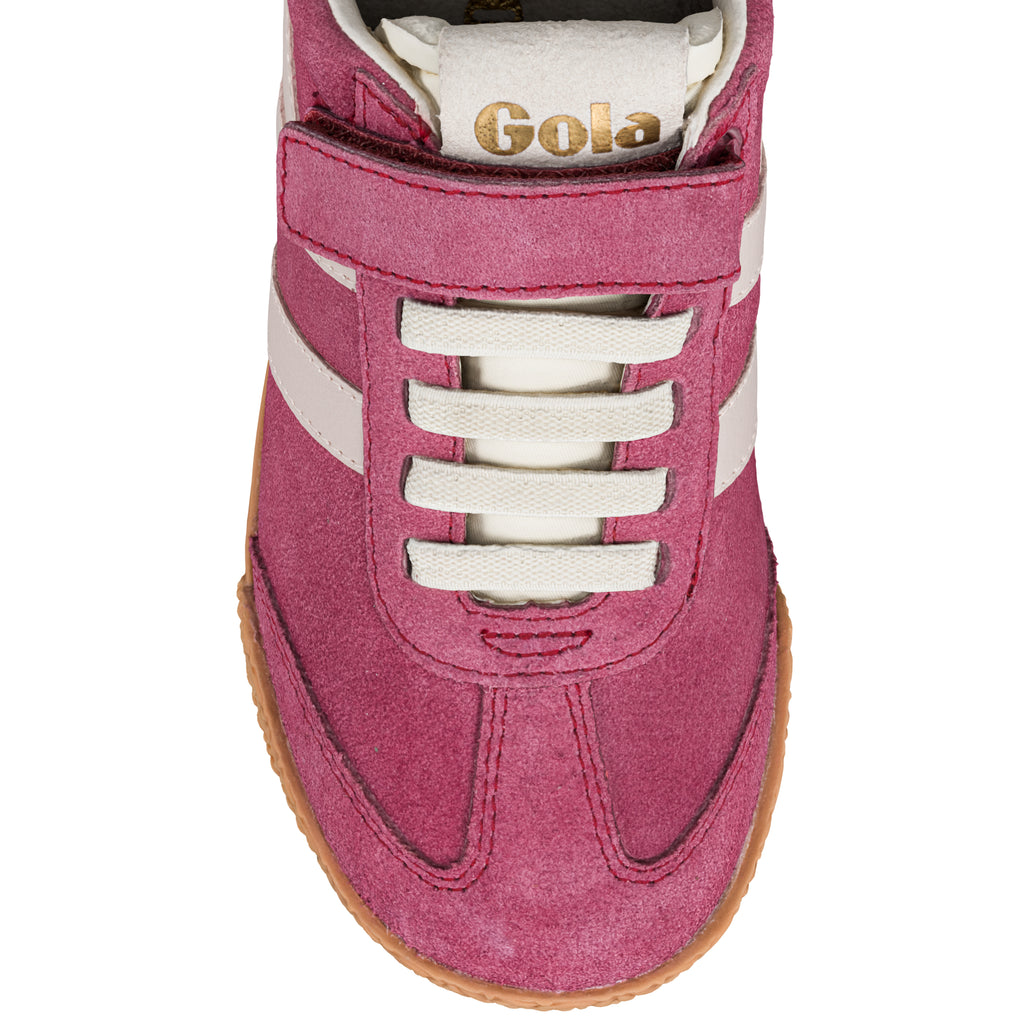 Pink suede Gola trainer with white laces and hook and loop strap