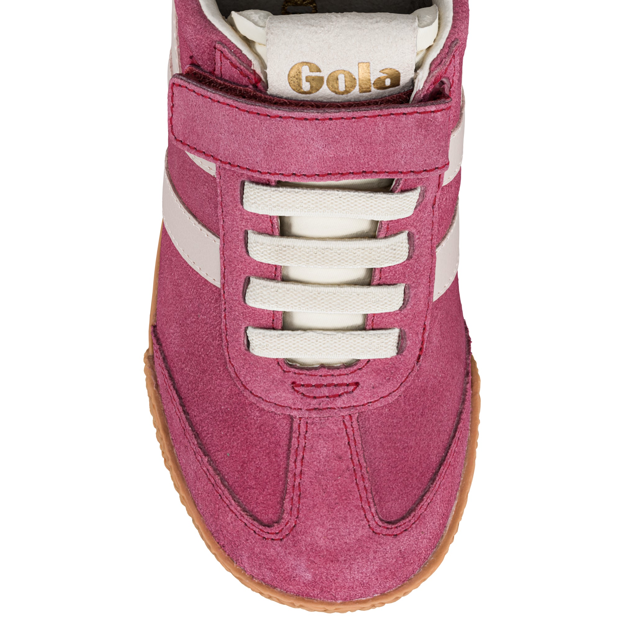 Pink suede Gola trainer with white laces and hook and loop strap