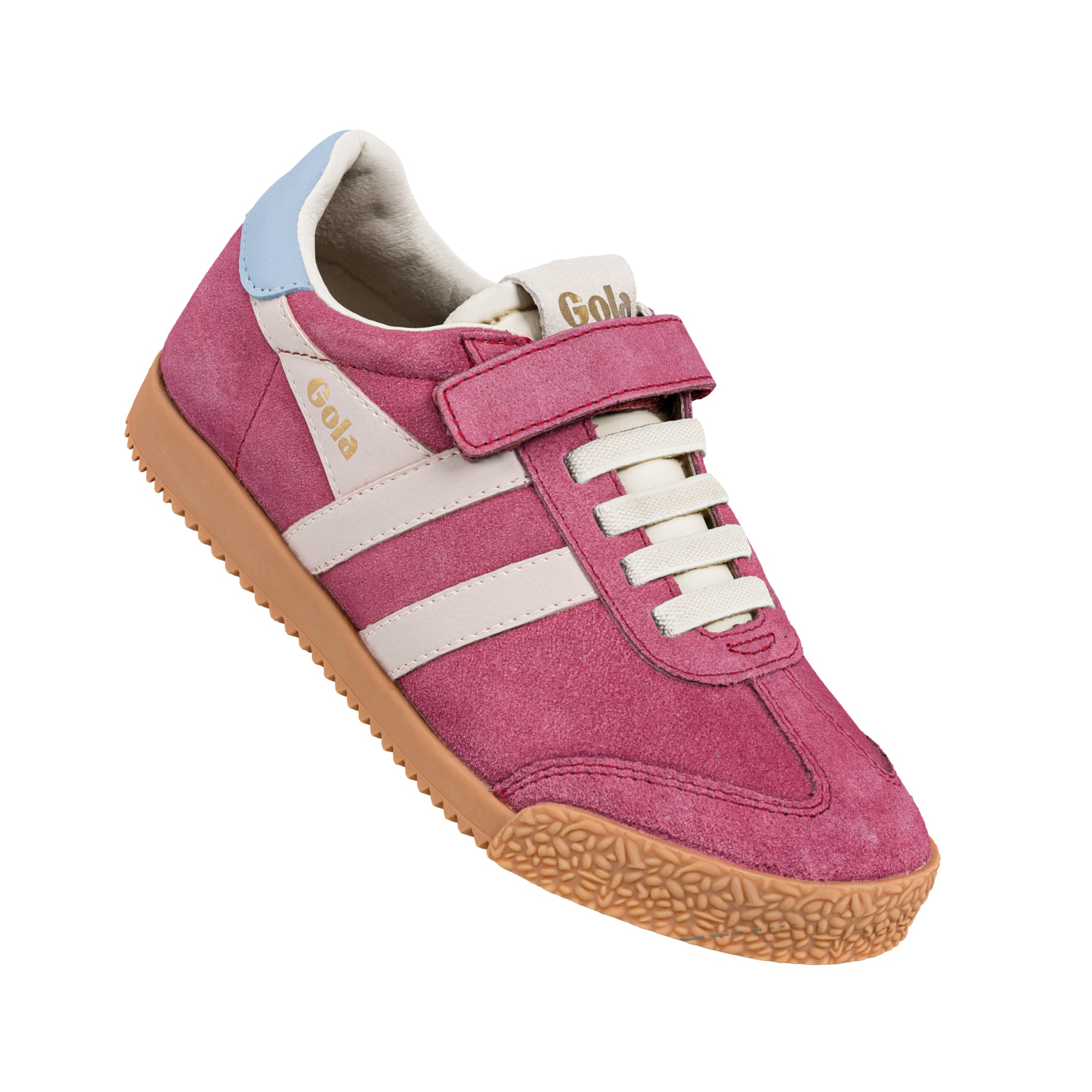 Pink suede Gola trainer with cream stripes and gum sole