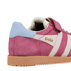 Close up of pink suede Gola trainer with blue heel tab and gum sole