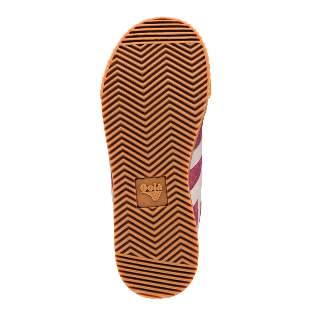 Brown rubber trainer sole with chevron tread pattern and Gola logo