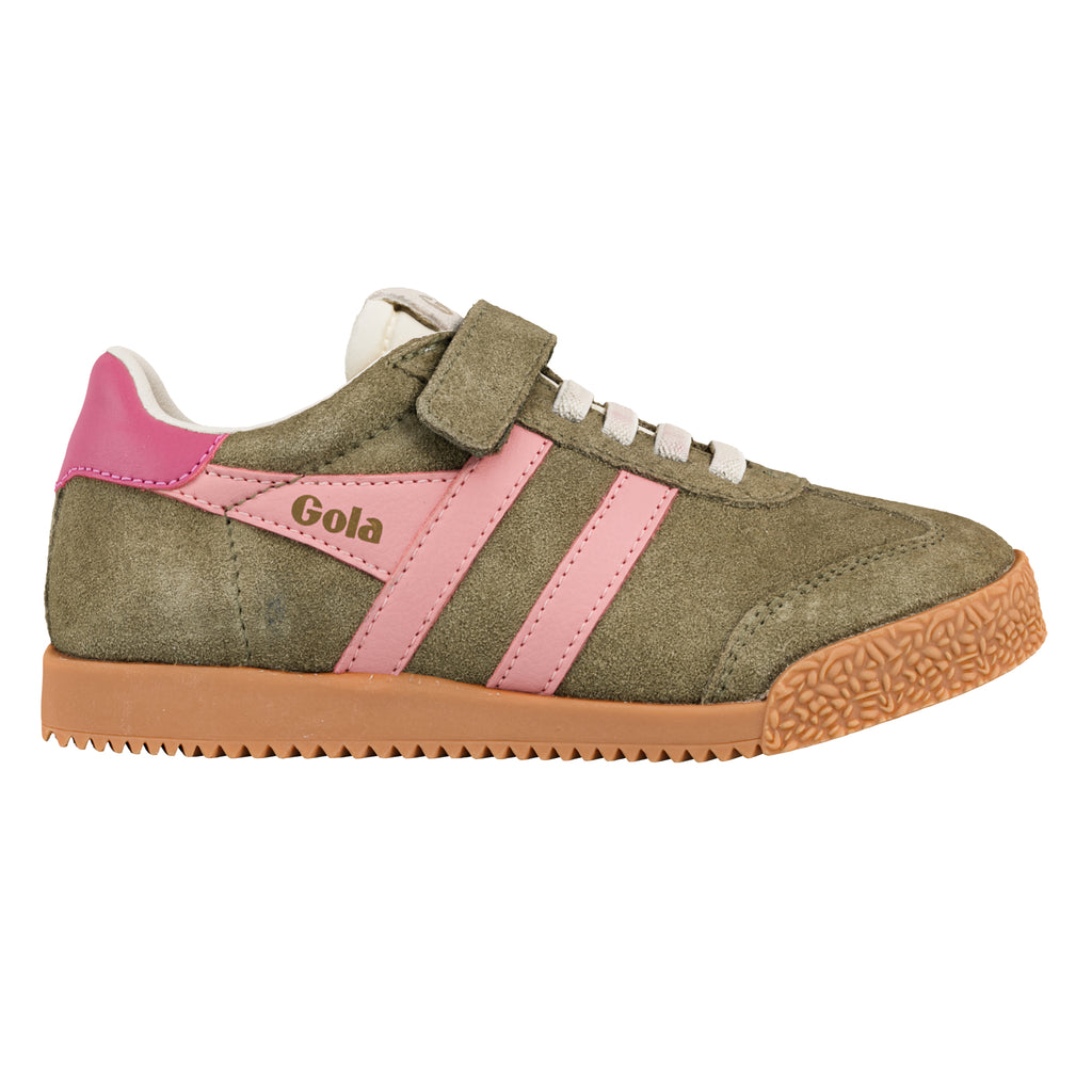 Olive green suede Gola trainer with pink side stripes and a gum rubber sole