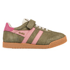 Olive green suede Gola trainer with pink side stripes and a gum rubber sole