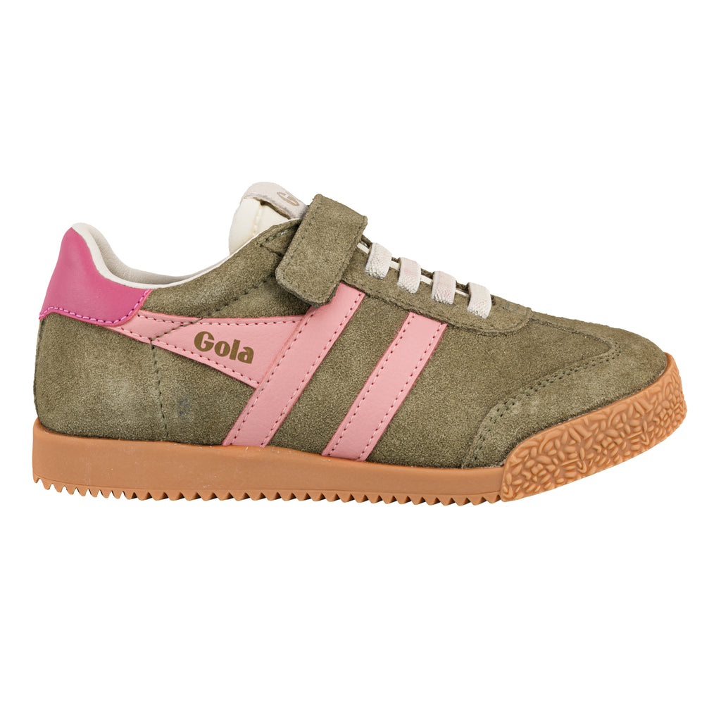 Gola Classics olive green suede trainer with pink side stripes and gum rubber sole