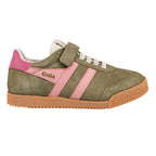 Gola Classics olive green suede trainer with pink side stripes and gum rubber sole