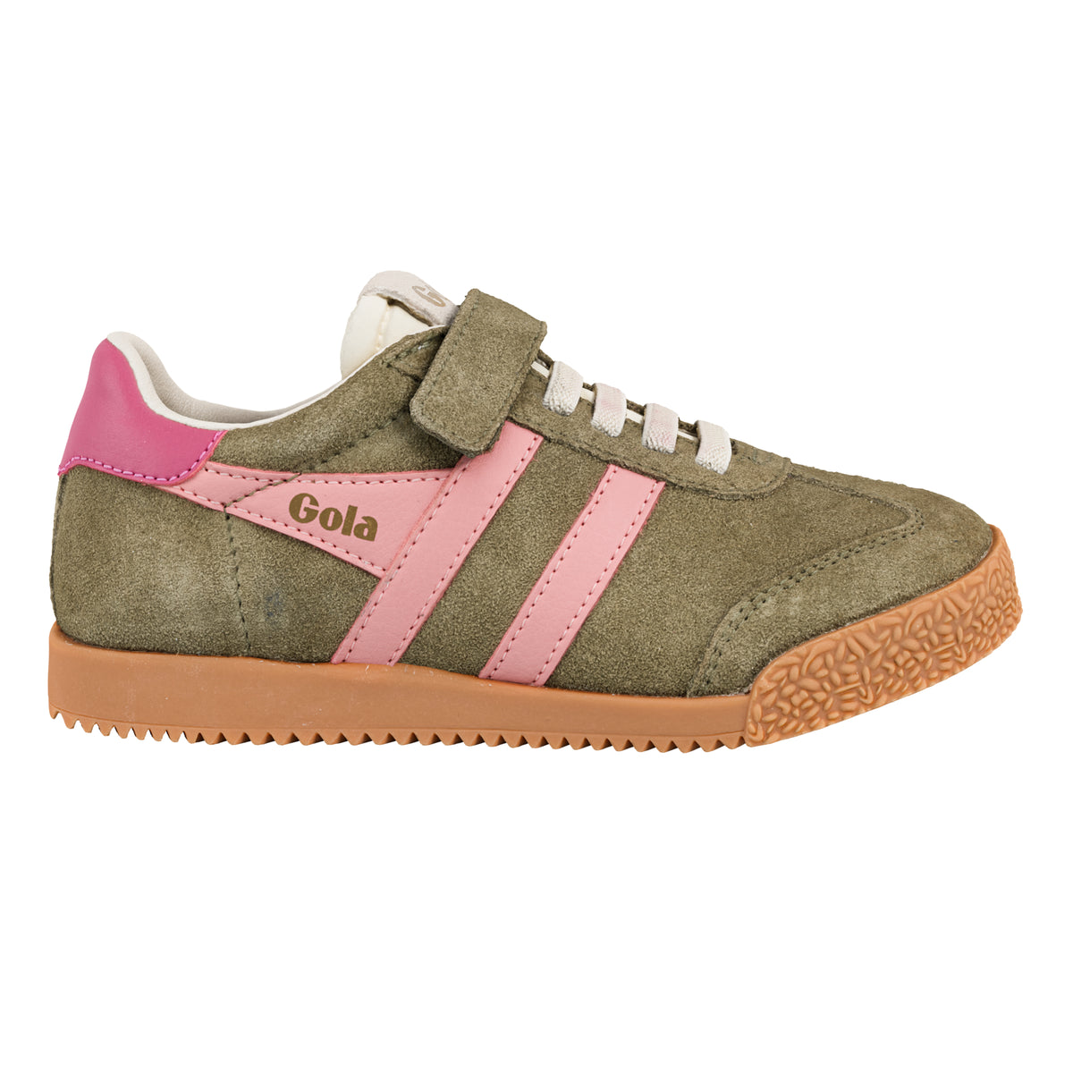 Gola Classics olive green suede trainer with pink side stripes and gum rubber sole