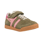 Olive green suede Gola trainer with pink stripes and a gum sole