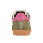 Rear view of an olive green suede trainer with a pink heel tab and a gum rubber sole