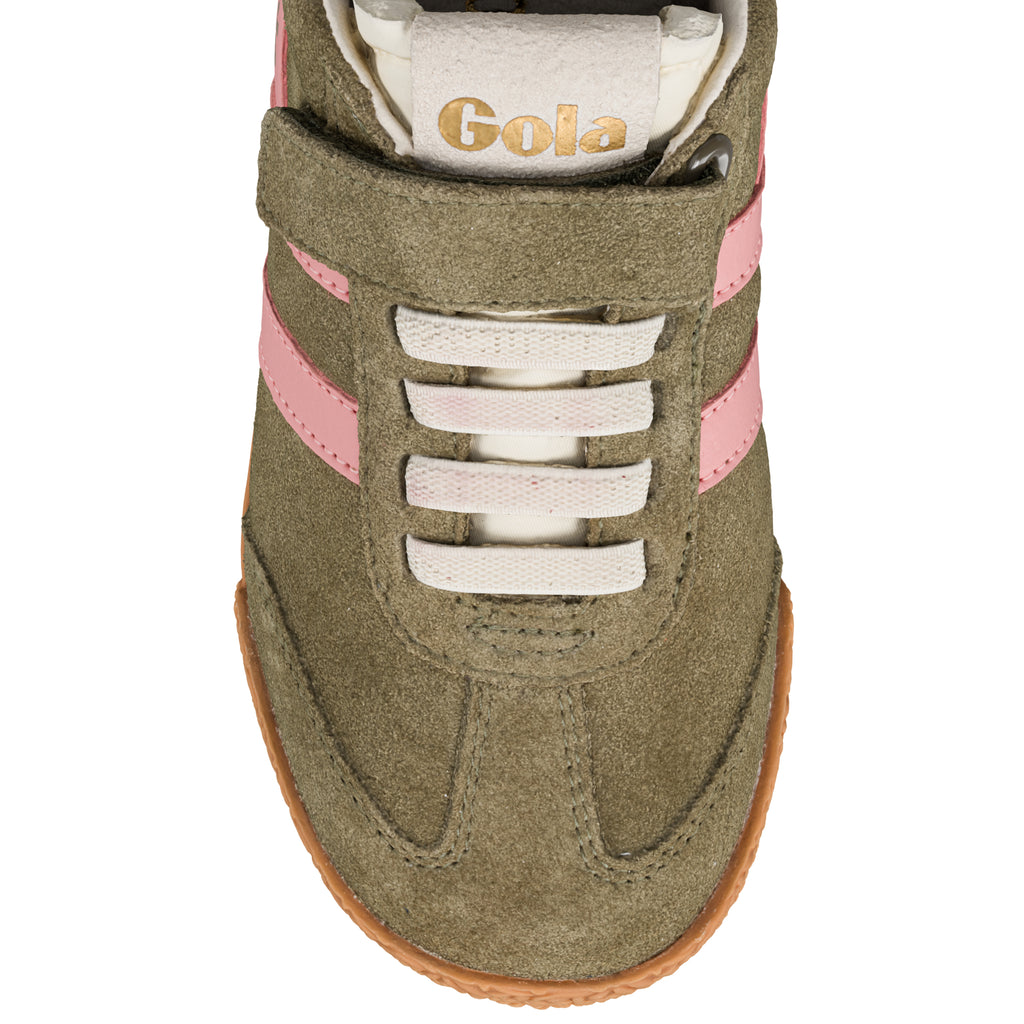 Khaki suede Gola trainer with pink side stripes and white elasticated laces