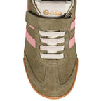 Khaki suede Gola trainer with pink side stripes and white elasticated laces