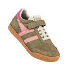 Olive green suede Gola trainer with pink stripes and gum sole
