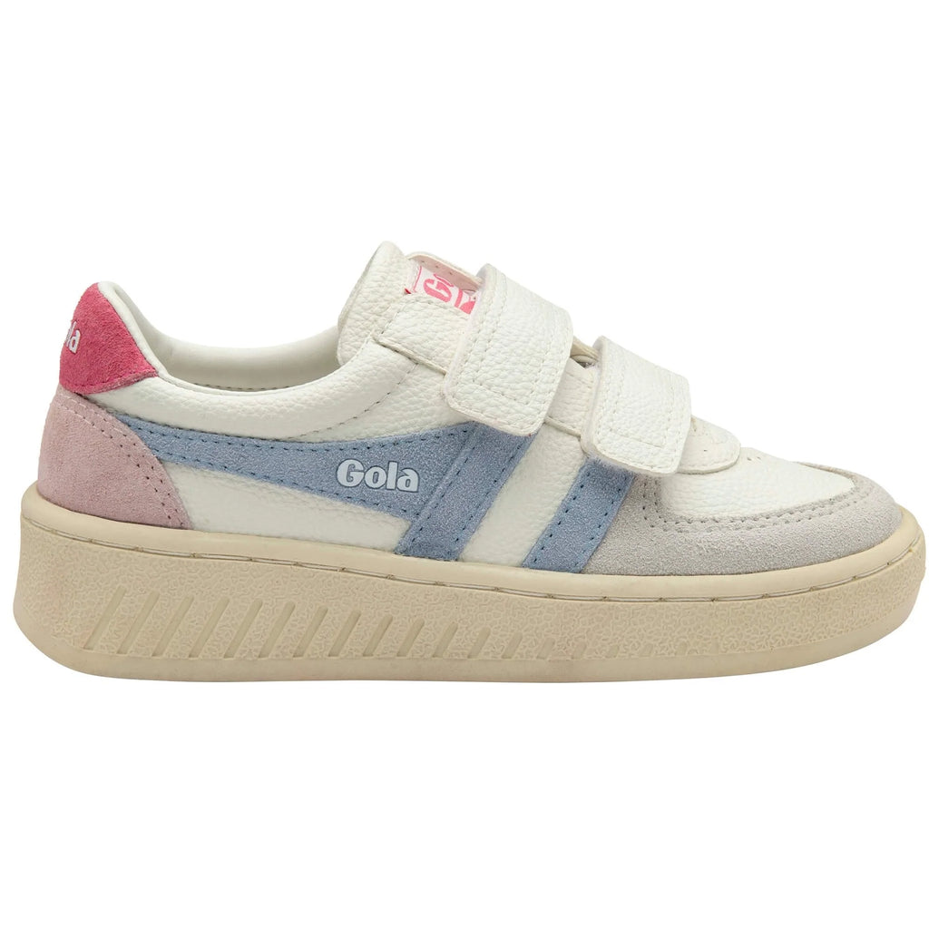 Gola Classics white trainer with blue and pink suede panels and hook and loop fastening