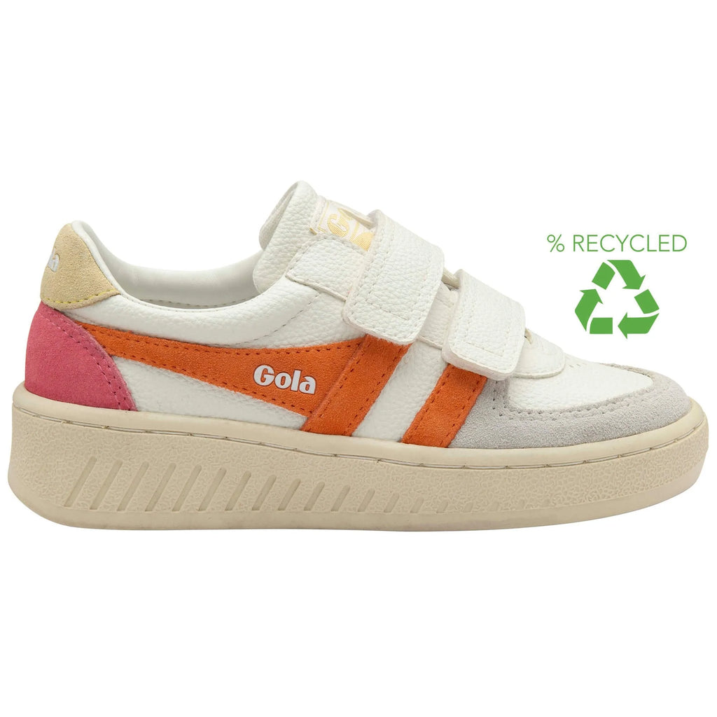 Gola Classics white trainer with orange and pink suede panels and hook and loop fastening with recycled symbol