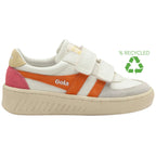 Gola Classics white trainer with orange and pink suede panels and hook and loop fastening with recycled symbol