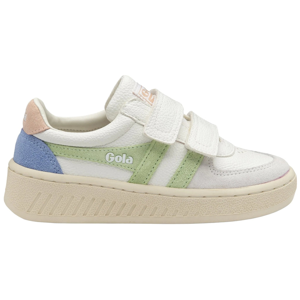 Gola Classics white trainer with green and blue suede panels and double hook and loop fastening