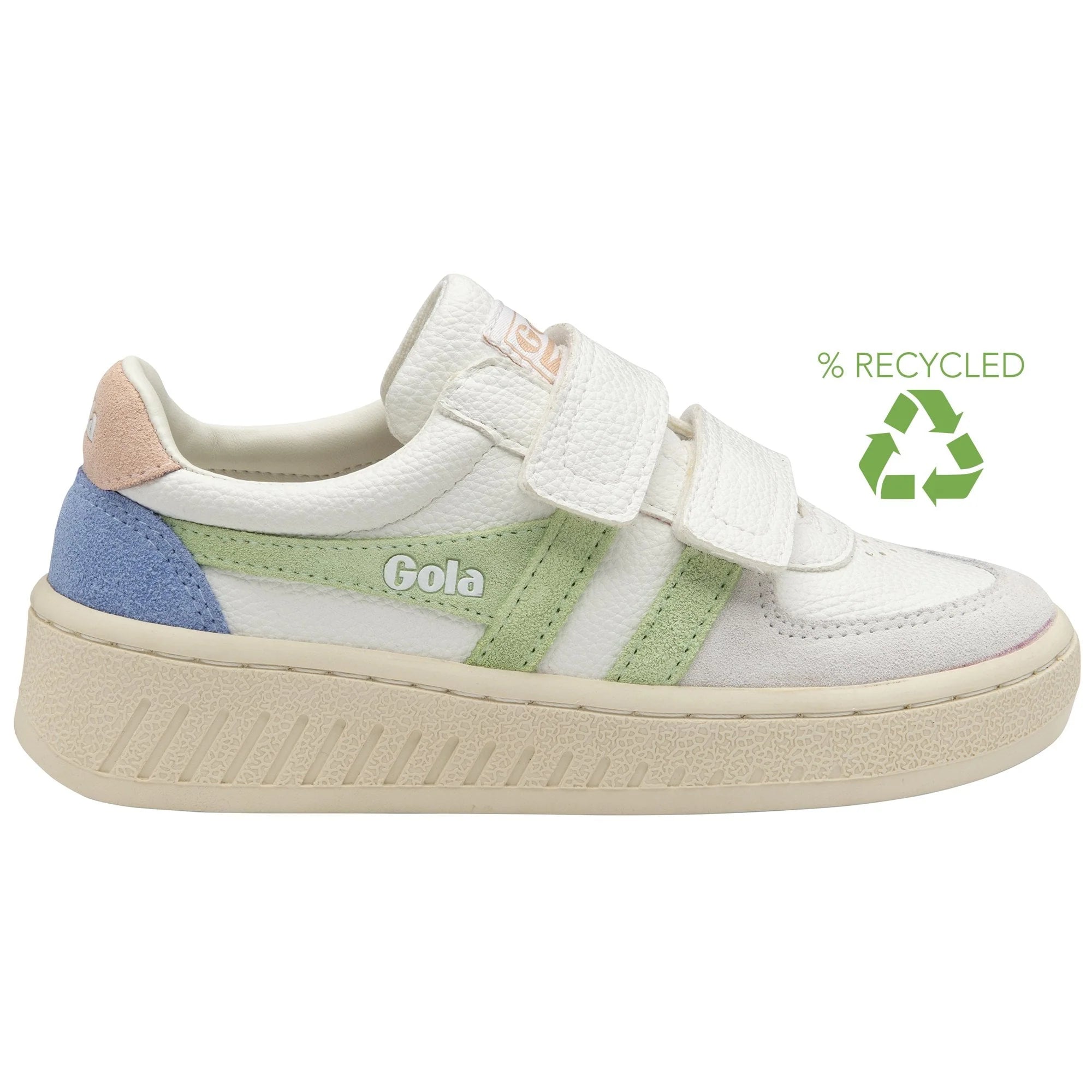 Gola Classics white trainer with green and blue panels and hook and loop fastening with recycled symbol
