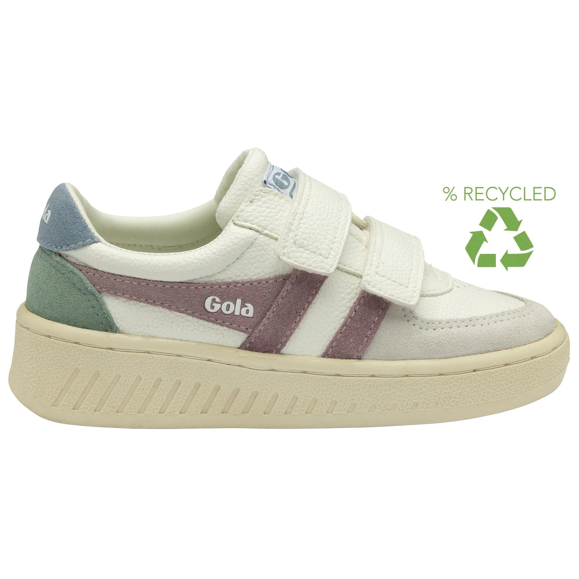 Gola Classics white trainer with hook and loop straps and recycled symbol