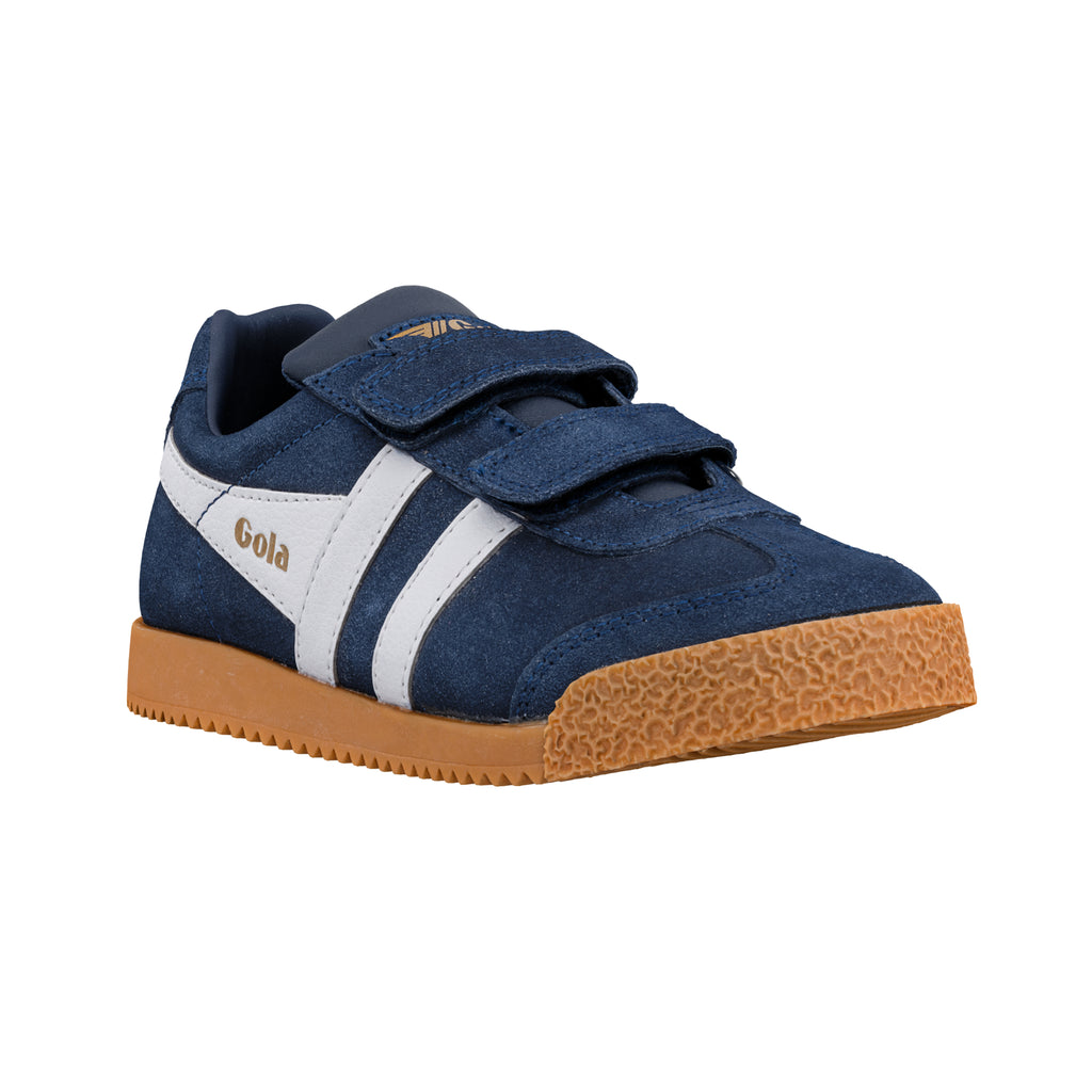 Navy blue suede children trainer with white side stripes and gum rubber sole