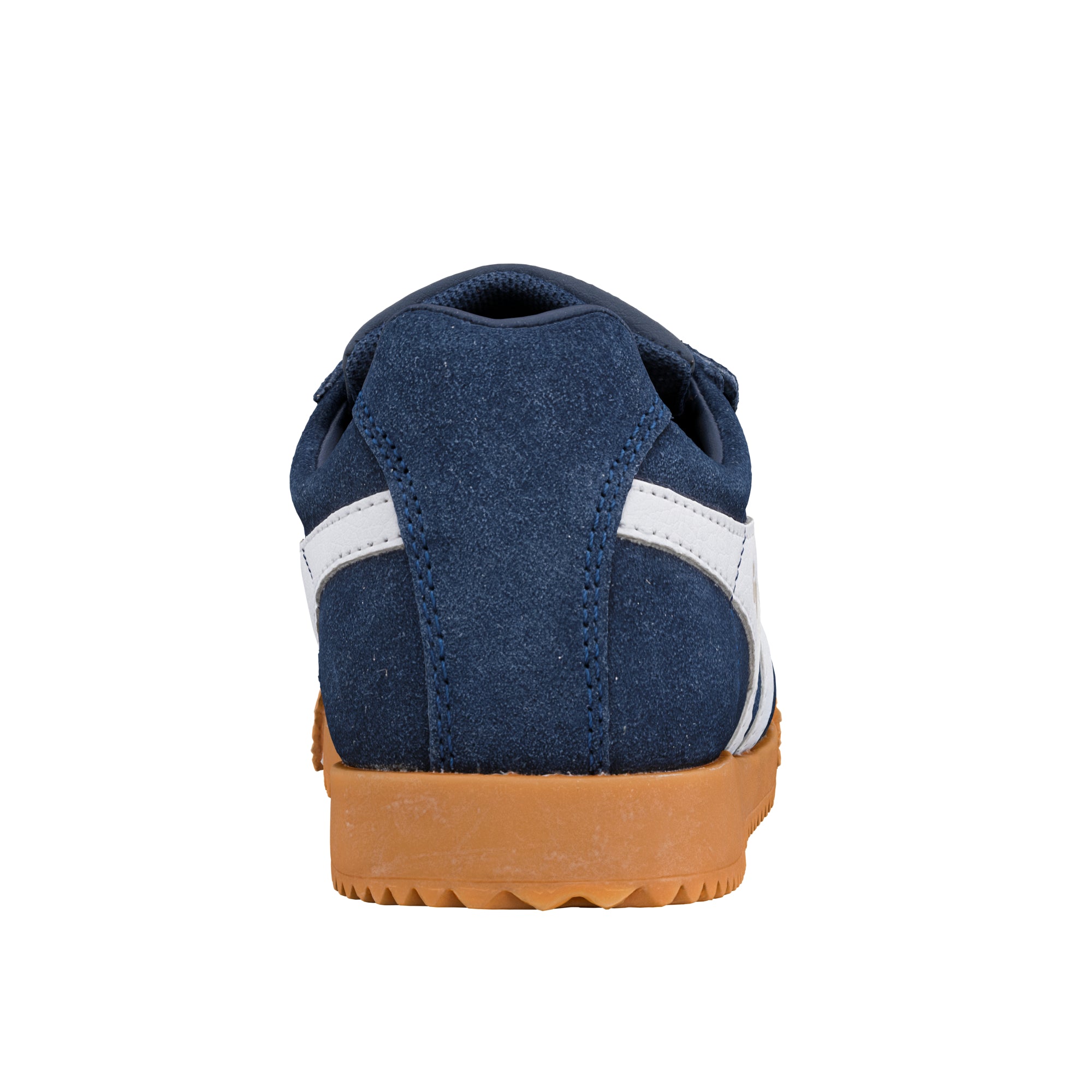 Rear view of a navy blue suede trainer with a white side stripe and a gum rubber sole
