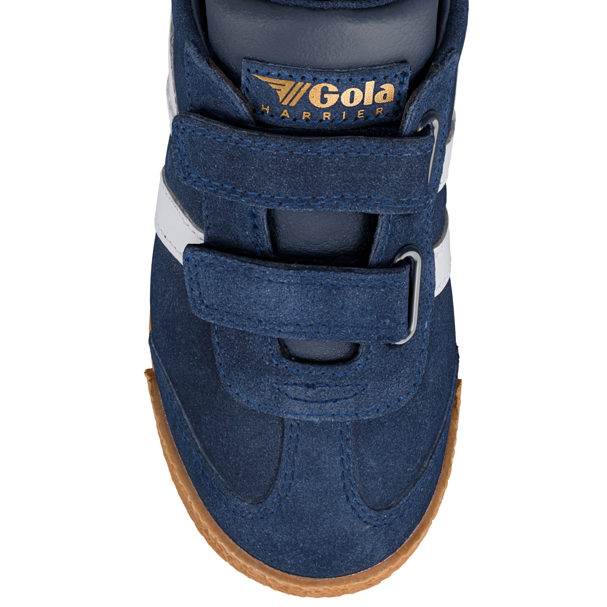 Navy blue suede Gola Harrier trainer with hook and loop fastening and gum sole