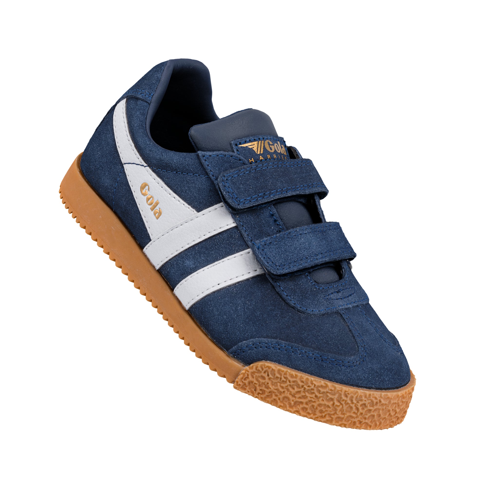 Navy blue suede Gola Harrier trainer with white side stripes and gum sole