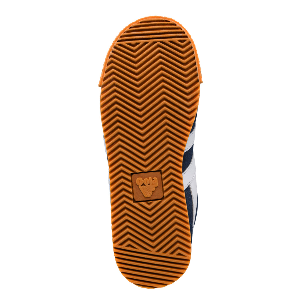 Brown rubber trainer sole with chevron tread pattern and Gola logo