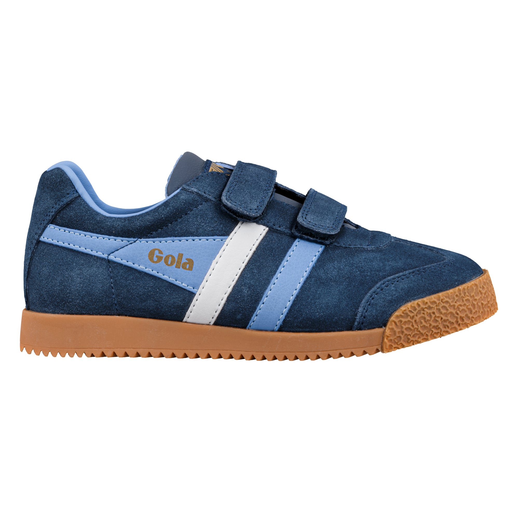 Navy blue suede Gola trainer with hook and loop straps and gum rubber sole