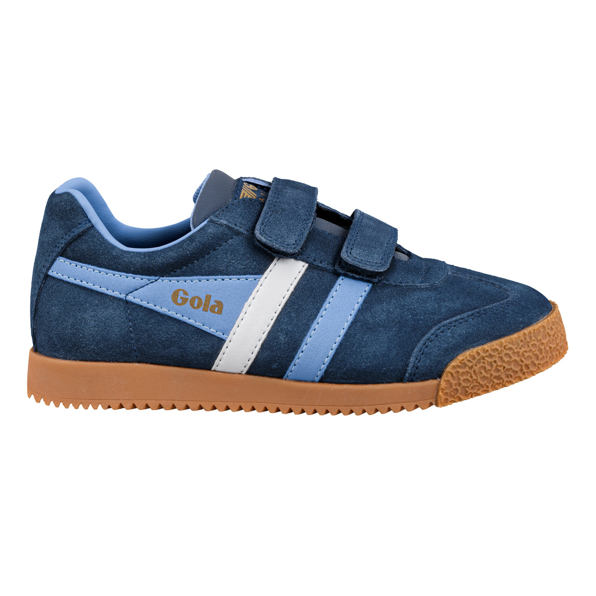 Gola Classics navy suede trainer with hook and loop fastening and gum sole