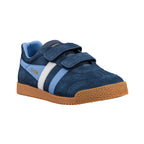 Navy blue suede trainer with hook and loop straps and gum rubber sole
