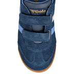 Navy blue suede Gola Harrier trainer with hook and loop fastening and gum sole