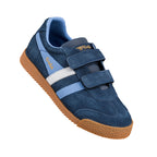 Navy blue suede Gola trainer with hook and loop straps and gum sole