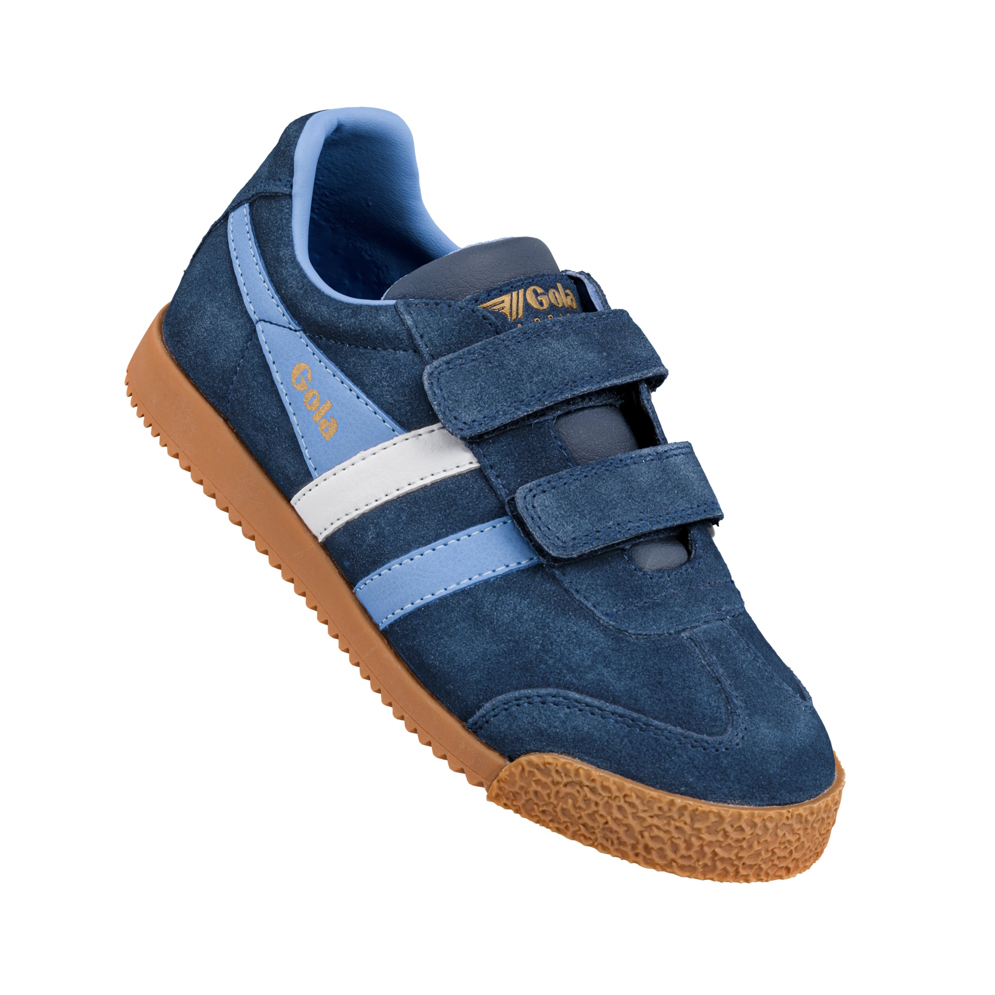 Navy blue suede Gola trainer with hook and loop straps and gum sole