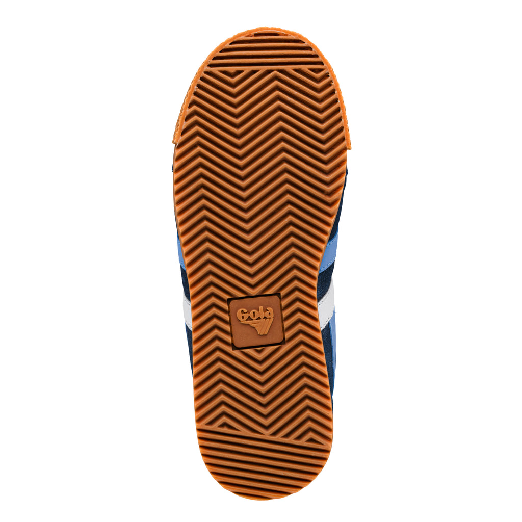 Brown rubber trainer sole with chevron tread pattern and Gola logo