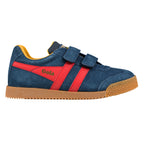 Navy blue suede trainer with red side stripes and gum sole featuring hook and loop fastening